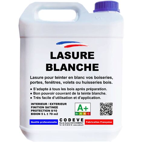 Codève Bois – Lasure blanche satinée 4x5 L – Protection durable pour bois extérieur – Séchage rapide – Résistante aux UV et à l'humidité