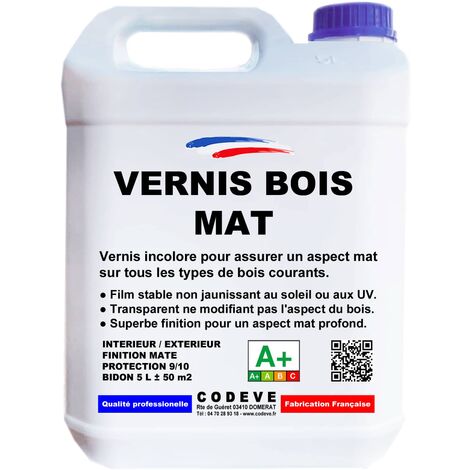 Codève Bois – Vernis bois mat 4x5 L – Finition mat profonde – Résistant aux UV et à l'eau – Application facile sur bois neufs et remis à blanc