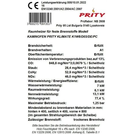 EEK A - Wasserführender Kaminofen Prity K1 W8 - 6 + 7 Kw - EcoDesign 2022