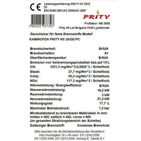 Wasserführender Kaminofen Holzofen Prity NS20 18.2 + 3kw EEK-A
