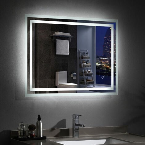 MIQU 800 x 600mm LED Bathroom Mirror Illuminated Backlit Mirrors with Lights Touch Switch Demister Pad Wall Mounted