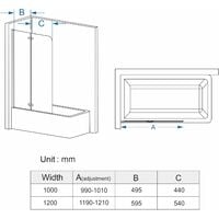 MIQU Shower Screen 2 Fold Folding Bath Screen Hinge Door Panel 6mm Easy Clean Glass (1200x1400mm)