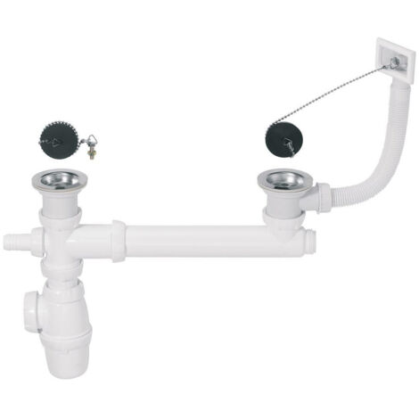 Wirquin Pro – Ensemble complet vidage Ø60 pour évier 2 bacs – 2 bondes à bouchon – Siphon avec prise machine à laver – Trop plein extérieur (1/3)