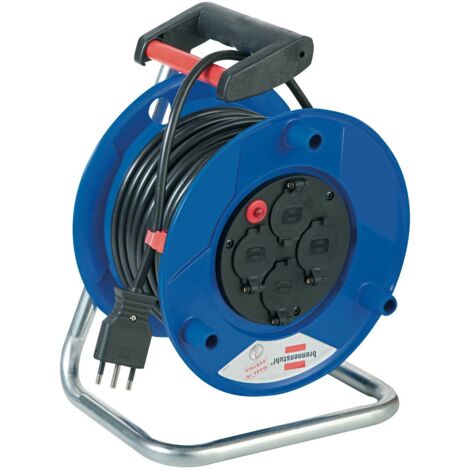 Brennenstuhl 1218055 Avvolgicavo 25 M Serie Garant St Spina Italiana 16A, 4 Prese Italiane 10A+16A e Schuko con Coperchi Autochiudenti, Maniglia Ergonomica, Blu (1/3)