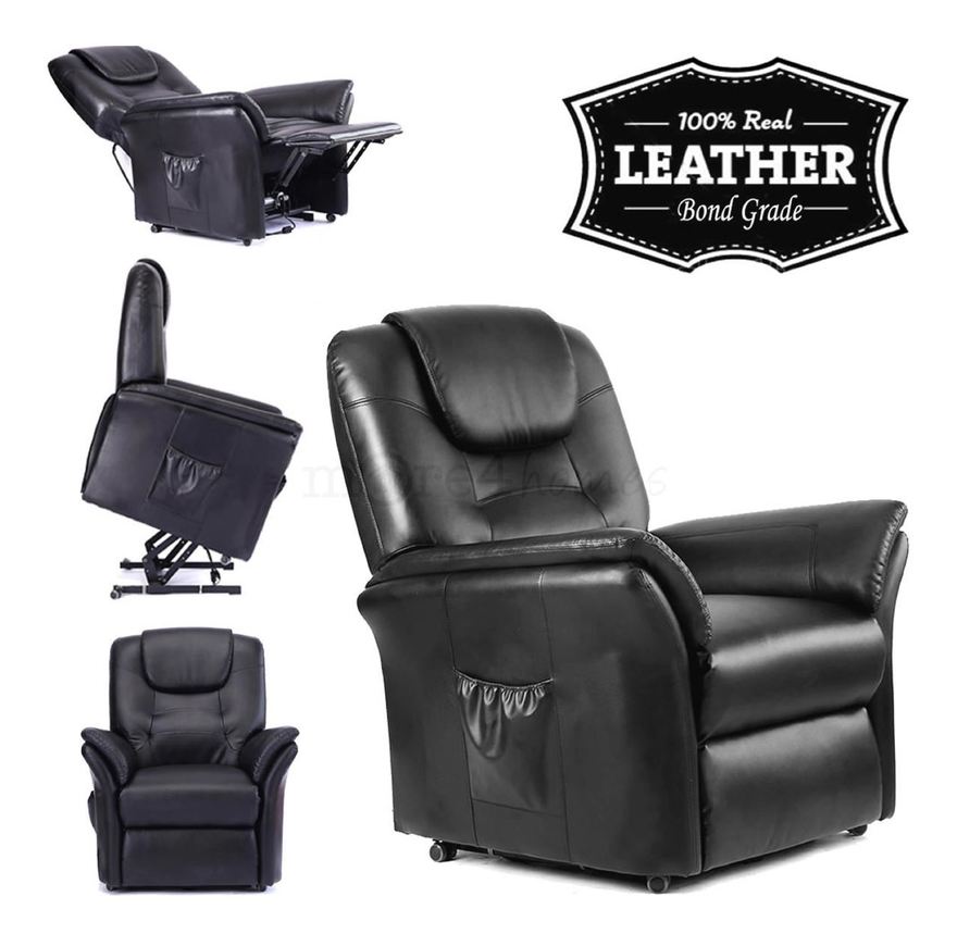 Windsor Black Electric Rise Recliner, Real Leather Massage Chairs