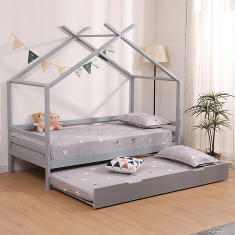 TEDDY KIDS WOODEN HOUSE TREEHOUSE SINGLE BED WITH GUEST TRUNDLE BED Grey