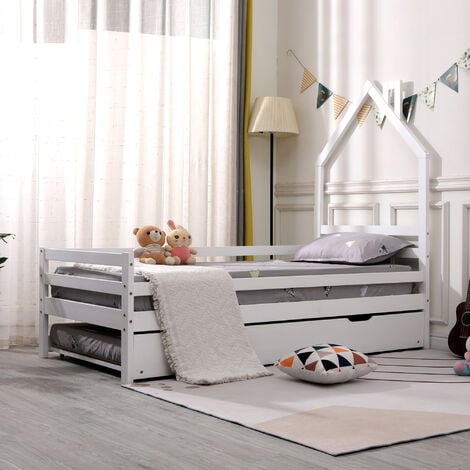 THEO KIDS WOODEN HOUSE SINGLE BED FRAME WITH GUEST TRUNDLE BED White