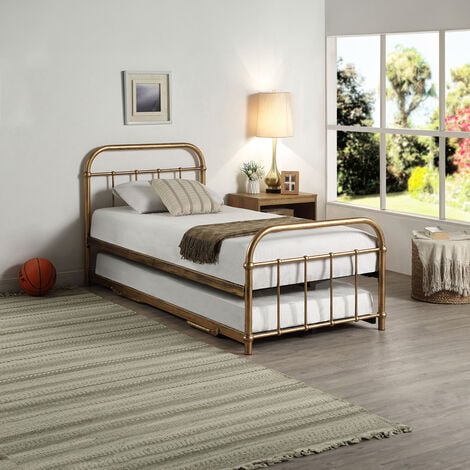 TEWIN TRADITIONAL HOSPITAL STYLE SINGLE METAL BED FRAME & GUEST TRUNDLE ANTIQUE BRASS