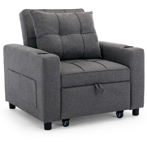 HUDSON SOFA BED LINEN FABRIC WITH CUP HOLDERS GREY 1-SEATER