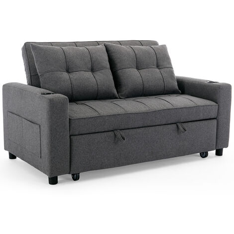 HUDSON SOFA BED LINEN FABRIC WITH CUP HOLDERS GREY 2-SEATER