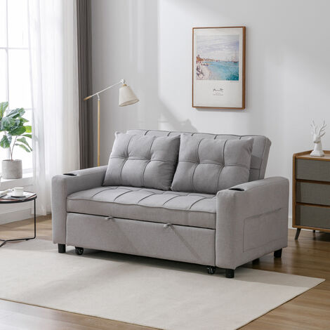 HUDSON SOFA BED LINEN FABRIC WITH CUP HOLDERS  LIGHT GREY 2-SEATER