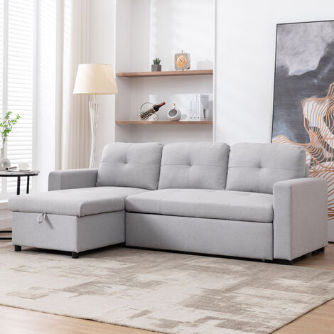 NEWPORT FABRIC CORNER CHAISE 3 SEATER  SOFA BED WITH STORAGE LEFT OR RIGHT SIDE LIGHT GREY