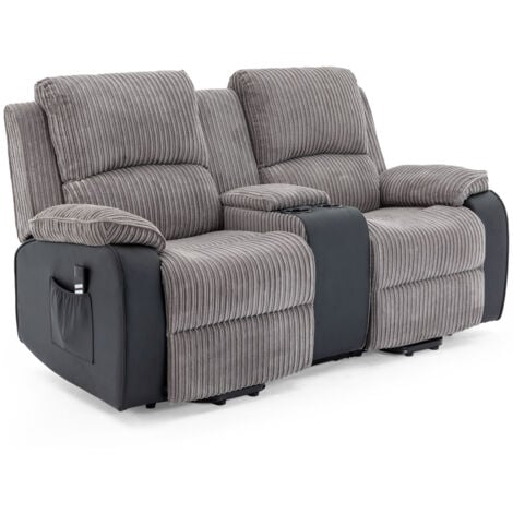 POSTANA DUAL MOTOR RISE RECLINER 2 SEATER JUMBO CORD DRINKS CONSOLE MOBILITY SOFA (Grey)