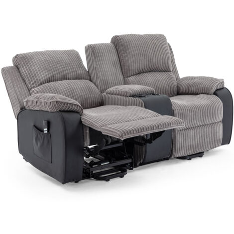 POSTANA DUAL MOTOR RISE RECLINER 2 SEATER JUMBO CORD DRINKS CONSOLE MOBILITY SOFA (Grey)