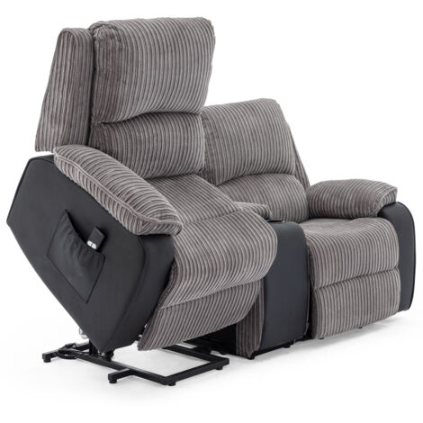 POSTANA SINGLE MOTOR RISE RECLINER 2 SEATER JUMBO CORD DRINKS CONSOLE MOBILITY SOFA (Grey)