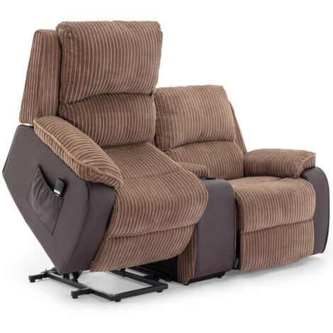POSTANA SINGLE MOTOR RISE RECLINER 2 SEATER JUMBO CORD DRINKS CONSOLE MOBILITY SOFA (Brown)