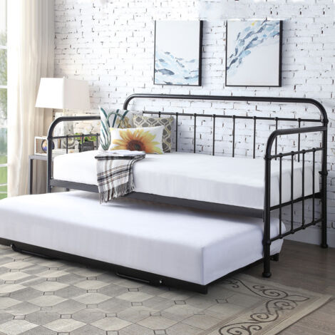 Ickleford Industrial Living Room Bedroom Metal Day Bed Frame w Trundle