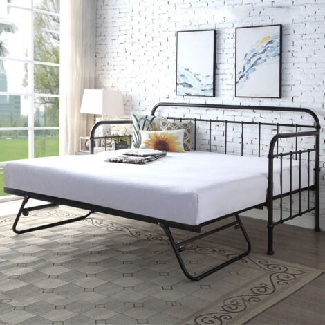 Ickleford Industrial Living Room Bedroom Metal Day Bed Frame w Trundle