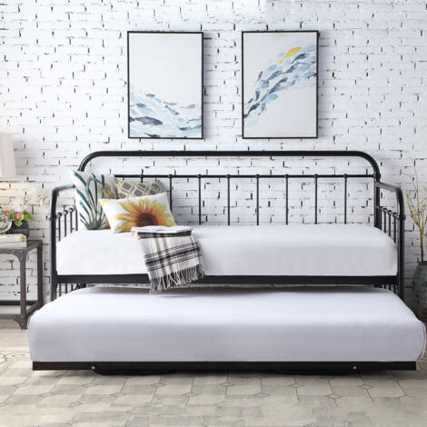 Ickleford Industrial Living Room Bedroom Metal Day Bed Frame w Trundle