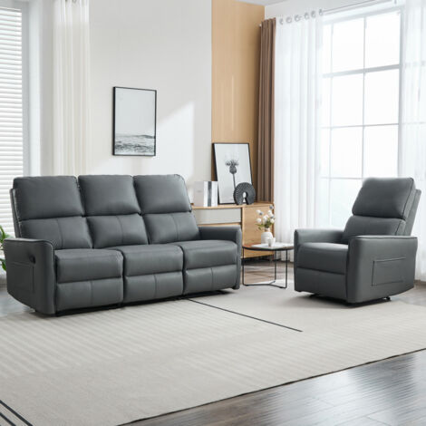 MADRID 1+3 SEATER MANUAL RECLINER AIR LEATHER SOFA SET GREY