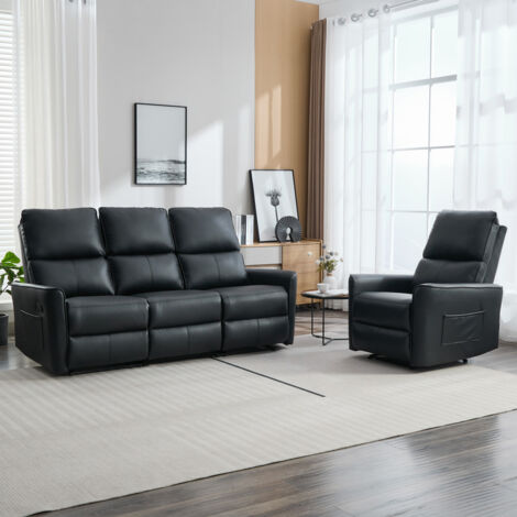 MADRID 1+3 SEATER MANUAL RECLINER AIR LEATHER SOFA SET BLACK