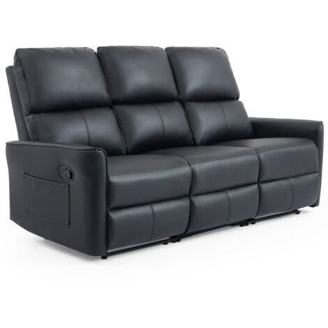 MADRID 3 SEATER MANUAL RECLINER AIR LEATHER SOFA BLACK
