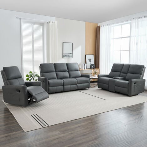 MADRID 1+2+3 SEATER w CONSOLE MANUAL RECLINER AIR LEATHER SOFA SET GREY