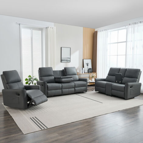 MADRID 1+2+3 SEATER w CONSOLE MANUAL RECLINER AIR LEATHER SOFA SET GREY