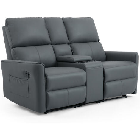 MADRID 2 SEATER w CONSOLE MANUAL RECLINER AIR LEATHER SOFA GREY