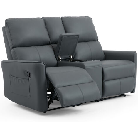MADRID 2 SEATER w CONSOLE MANUAL RECLINER AIR LEATHER SOFA GREY