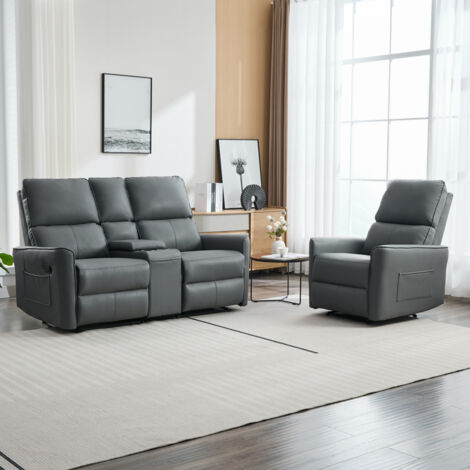MADRID 1+2 SEATER w CONSOLE MANUAL RECLINER AIR LEATHER SOFA SET GREY (1/5)