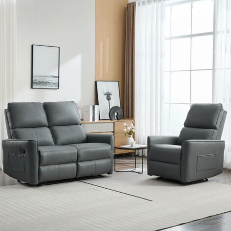 MADRID 1+2 SEATER MANUAL RECLINER AIR LEATHER SOFA SET GREY
