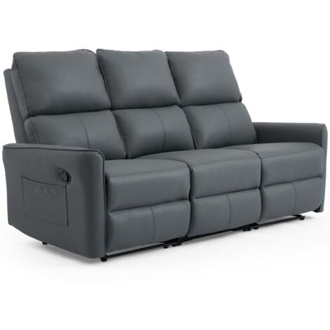 MADRID 3 SEATER MANUAL RECLINER AIR LEATHER SOFA GREY