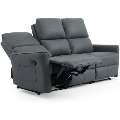 MADRID 3 SEATER MANUAL RECLINER AIR LEATHER SOFA GREY