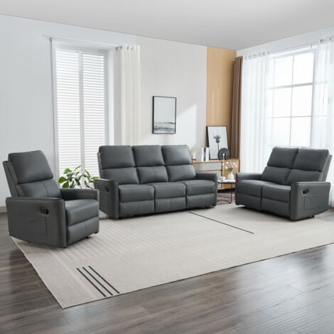MADRID 1+2+3 SEATER MANUAL RECLINER AIR LEATHER SOFA SET GREY