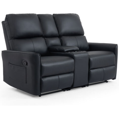 MADRID 2 SEATER w CONSOLE MANUAL RECLINER AIR LEATHER SOFA BLACK
