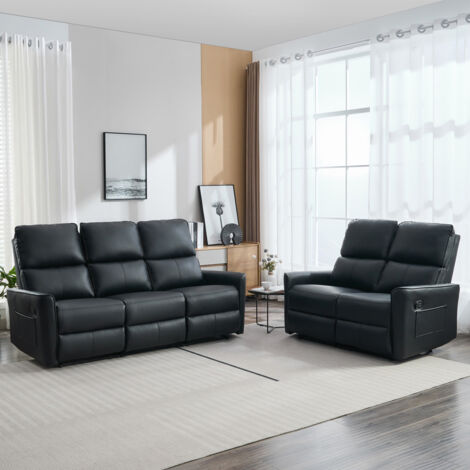 MADRID 2+3 SEATER MANUAL RECLINER AIR LEATHER SOFA SET BLACK
