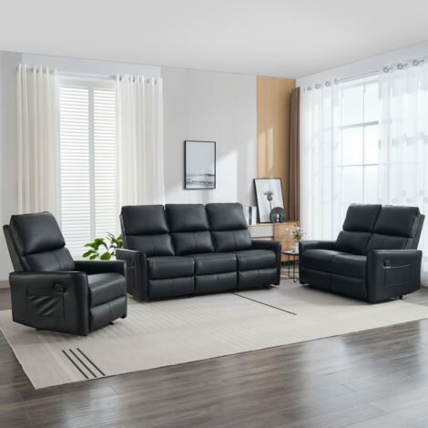MADRID 1+2+3 SEATER MANUAL RECLINER AIR LEATHER SOFA SET BLACK