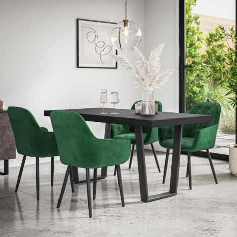 Aria Dining Table And Chairs - Black Table Top w Black Legs + Anika Velvet Dining Chair Set Of 6 (Green) (1/5)