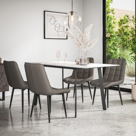 Haydon Extending Dining Table + Chairs- White Marble Effect Table Top w Black Legs + Nova Faux Leather Dining Chair Set Of 4 (Grey)