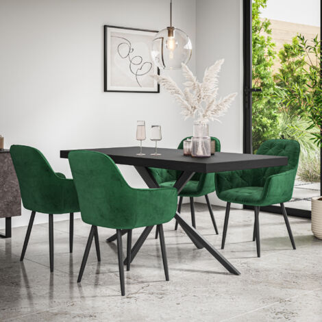 Donni Dining Table And Chairs - Black Table Top w Black Legs + Anika Velvet Dining Chair Set Of 6 (Green) (1/5)