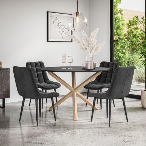 Malvern Round Dining Table And Chairs -  Black Table Top w Solid Oak Legs + Nova Velvet Dining Chair Set Of 4 (Black)