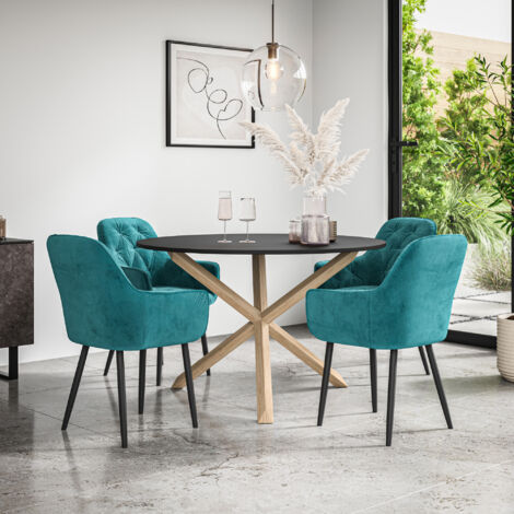 Malvern Round Dining Table And Chairs - Black Table Top w Solid Oak Legs + Anika Velvet Dining Chair Set Of 4 (Blue) (1/5)