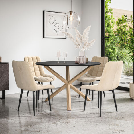 Malvern Round Dining Table And Chairs -  Black Table Top w Solid Oak Legs + Nova Velvet Dining Chair Set Of 4 (Beige)