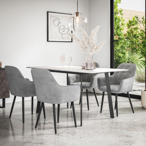 Haydon Extending Dining Table + Chairs- White Marble Effect Table Top w Black Legs + Anika Velvet Dining Chair Set Of 6 (Grey) (1/5)