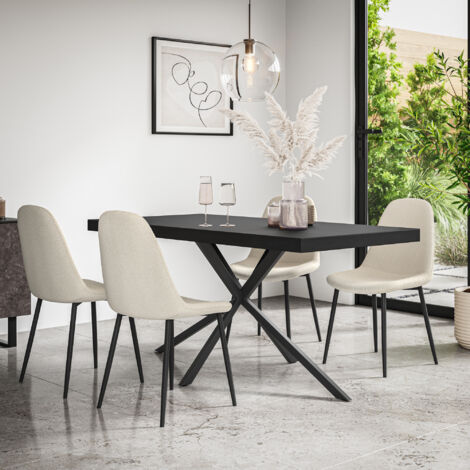 Donni Dining Table And Chairs -  Black Table Top w Black Legs + Maya Boucle Dining Chair Set Of 6 (Ivory White) (1/5)