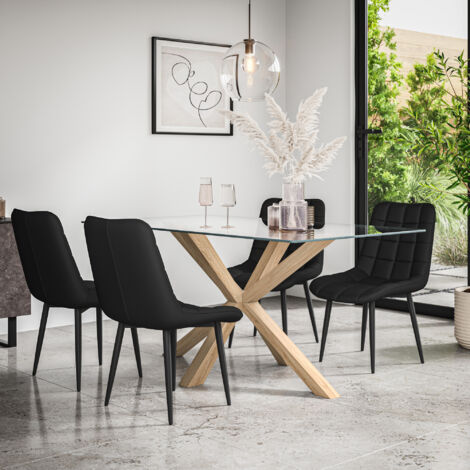 Etta Glass Dining Table And Chairs - Glass Top w Solid Oak Legs + Nova Faux Leather Dining Chair Set Of 4 (Black)