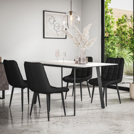 Haydon Extending Dining Table + Chairs- White Marble Effect Table Top w Black Legs + Nova Faux Leather Dining Chair Set Of 4 (Black)