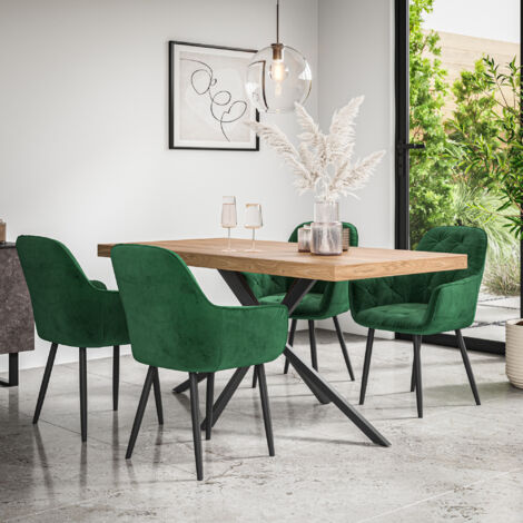 Donni Dining Table And Chairs - Oak Effect Table Top w Black Legs + Anika Velvet Dining Chair Set Of 4 (Green) (1/5)