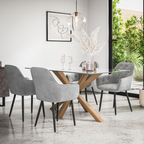 Etta Glass Dining Table And Chairs - Glass Top w Solid Oak Legs + Anika Velvet Dining Chair Set Of 6 (Grey) (1/5)